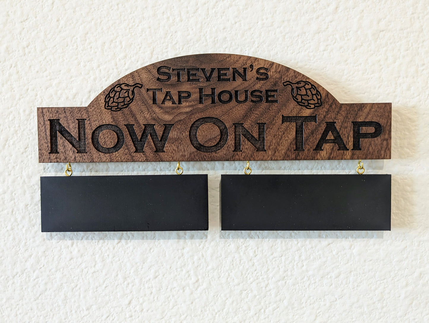 Customizable Homebrew On Tap Sign with 2 Removable Chalkboards - Solid Walnut