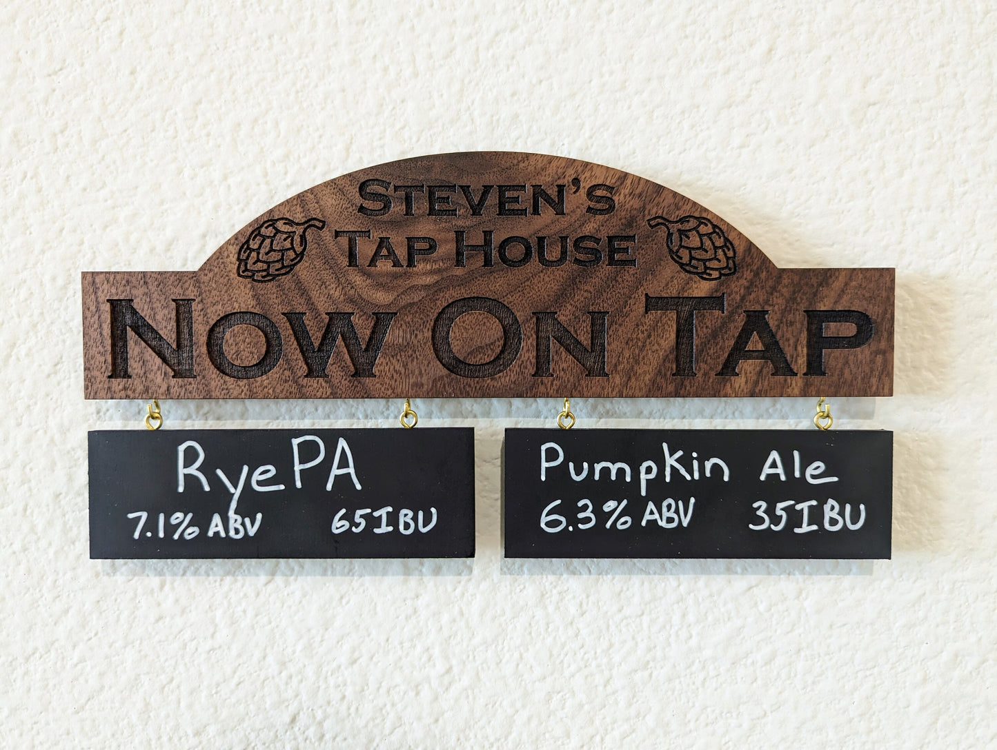 Customizable Homebrew On Tap Sign with 2 Removable Chalkboards - Solid Walnut