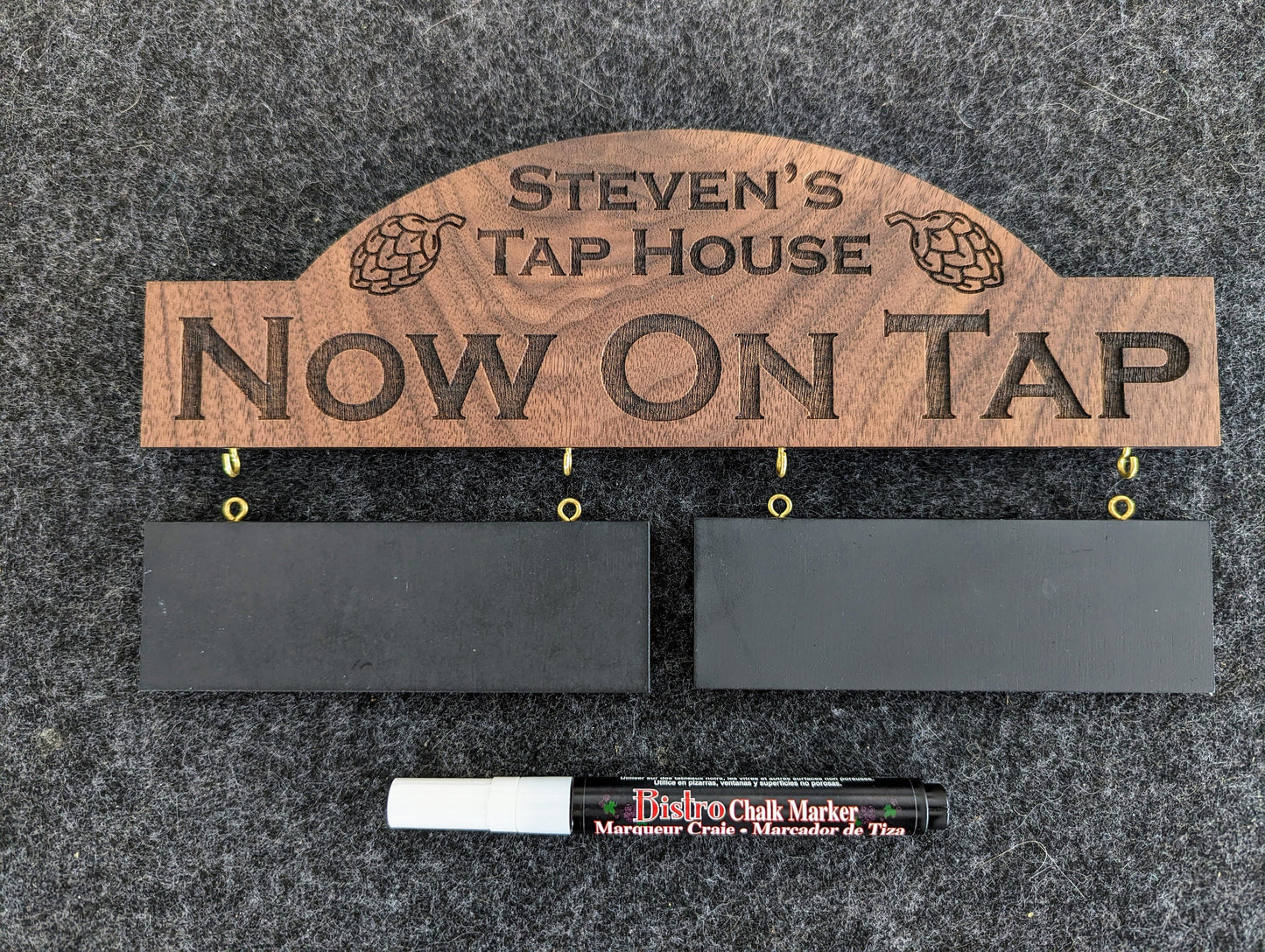 Customizable Homebrew On Tap Sign with 2 Removable Chalkboards - Solid Walnut