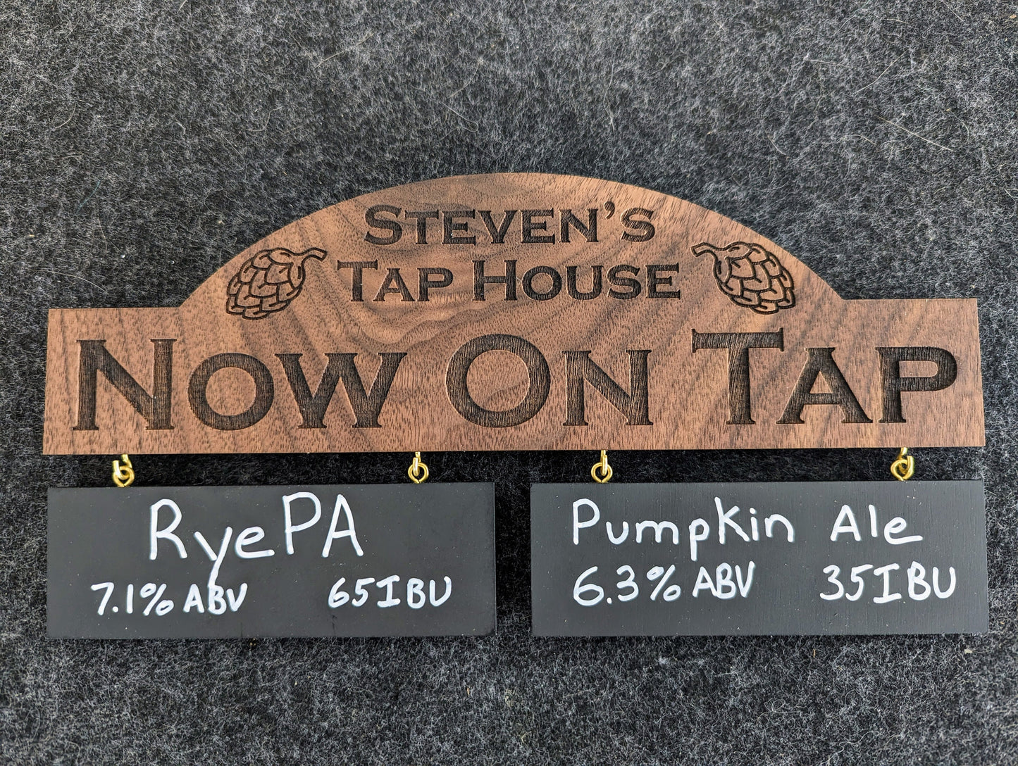 Customizable Homebrew On Tap Sign with 2 Removable Chalkboards - Solid Walnut